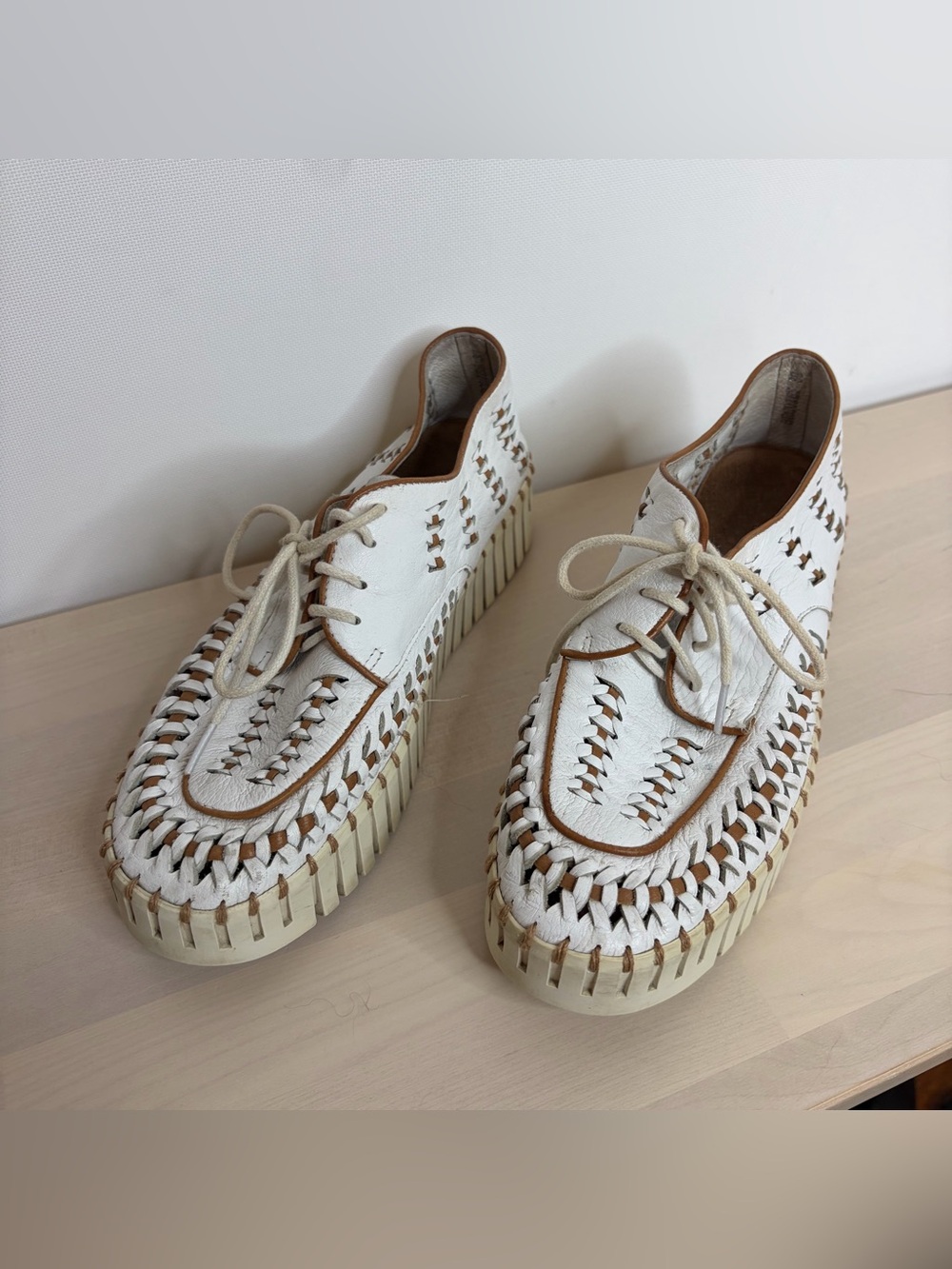 White Woven Platform Lace-Up Sneaker with Tan Trim - Picture 10 of 12
